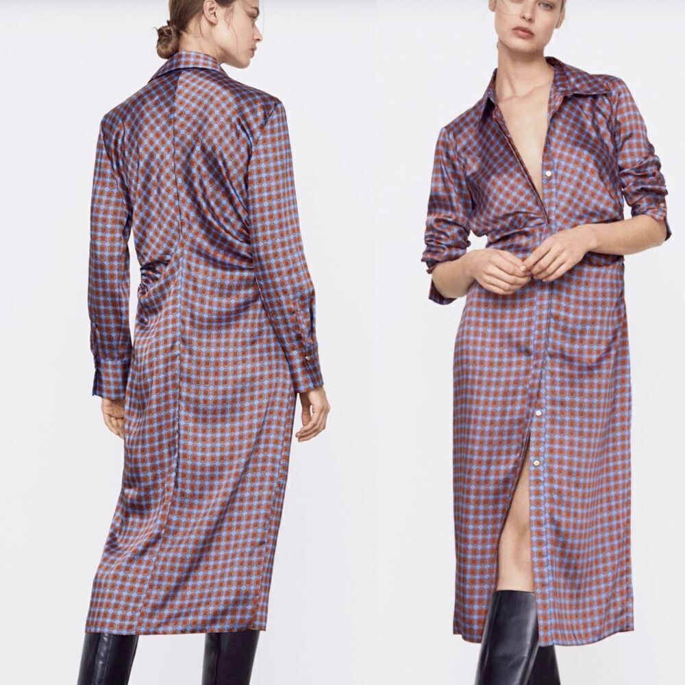 NEW ZARA long geometric circle printed satin shirt robe dress blue red M